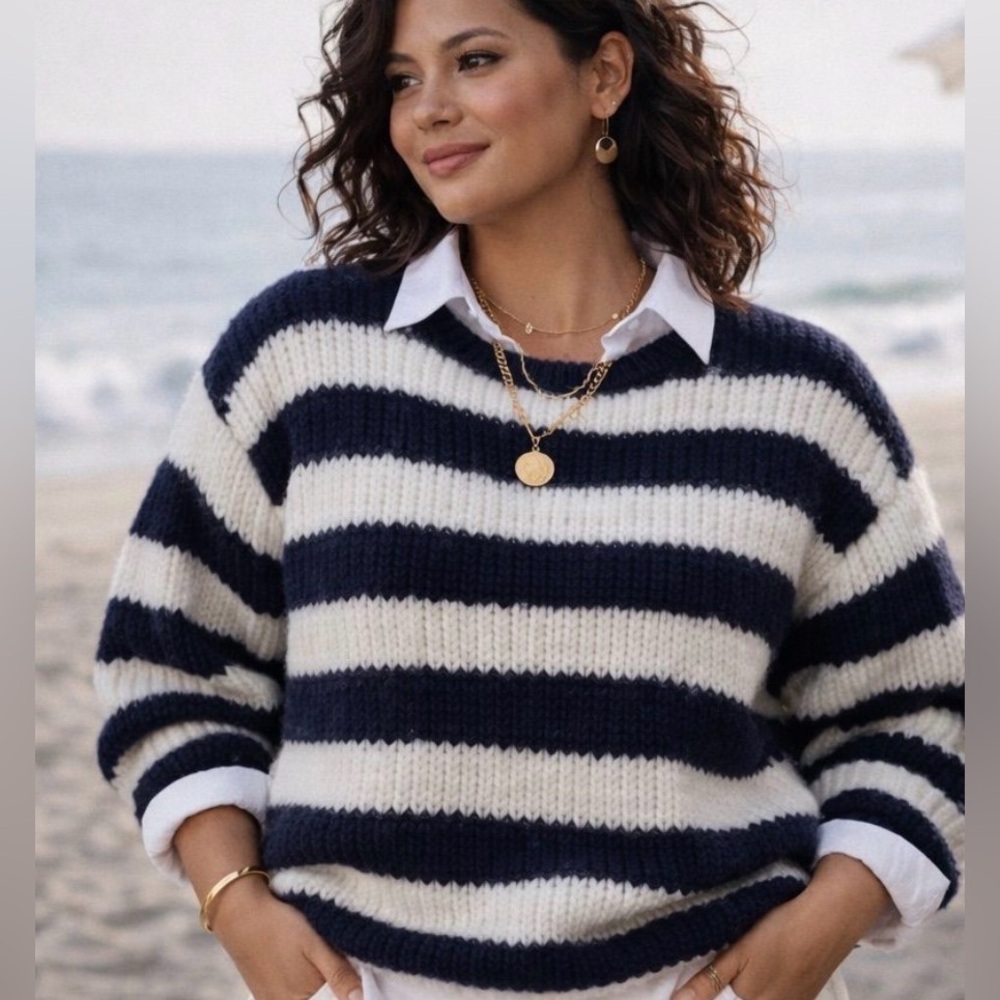 Molly Bracken Navy Cream Striped Chunky Knit Sweater Size S
